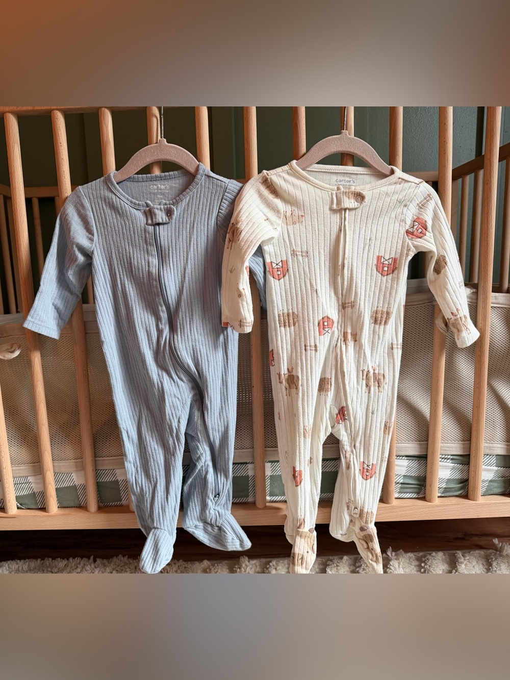Carter's Ribbed Footed One-Pieces in Light Blue and Cream Fox Print